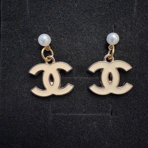 CHANEL Cream Enamel Double C Drop Earrings with Pearl Tops